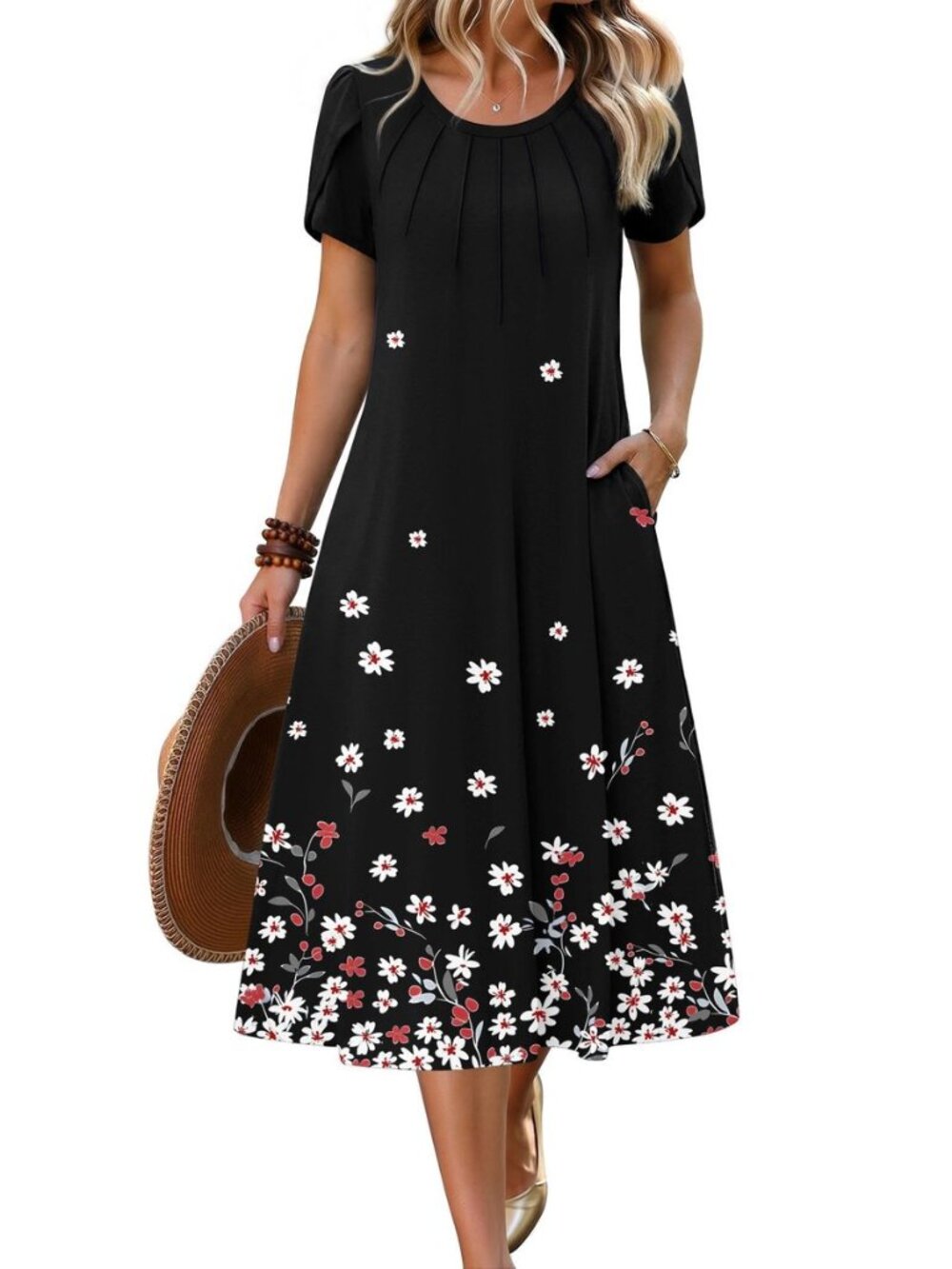 Womens Casual Summer Dress 2026 Petal Short Sleeve Dresses with Pleats Midi A